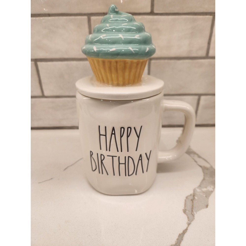 Rae Dunn "Happy Birthday" Coffee Or Tea Mug Blue Cupcake Topper Ceramic 19.5 Oz.